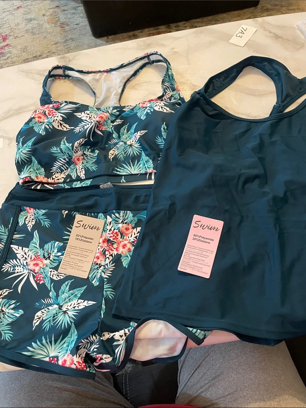 Floral Tankini Set with Solid Teal Swim Top